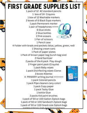 graphic of first grade supply list