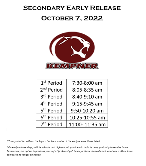 Early Release Schedule for Friday, October 7