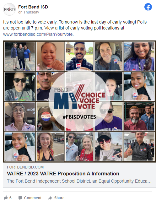 Facebook post about tomorrow being the last day of early voting