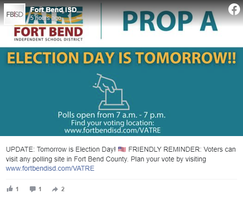 VATRE Facebook post about Election Day is tomorrow