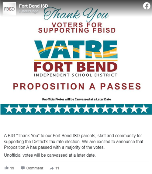 Facebook post thanking voters for supporting FBISD VATRE Proposition A 