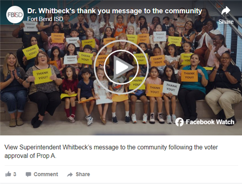 Facebook video of Dr. Whitbeck's message to the community after the voter approval of Prop A