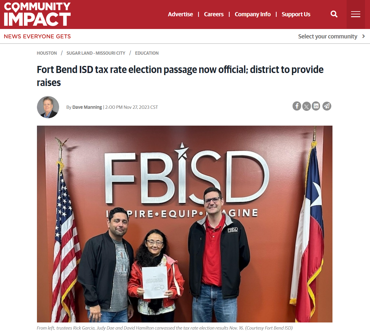 Community Impact article of Fort Bend ISD tax rate election passage now official, district to provide raises