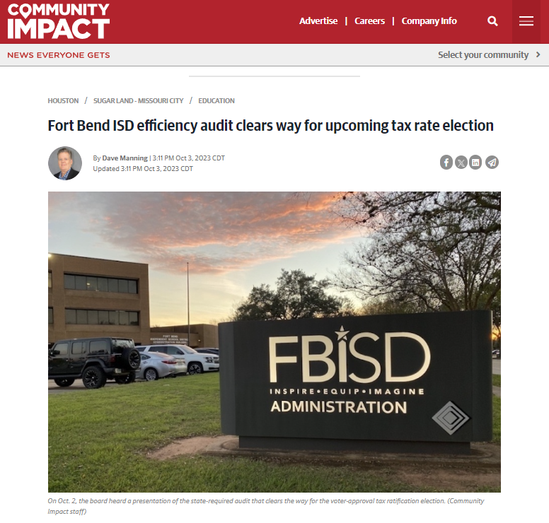 Community Impact Article - FBISD Efficiency Audit clears way for upcoming tax rate election