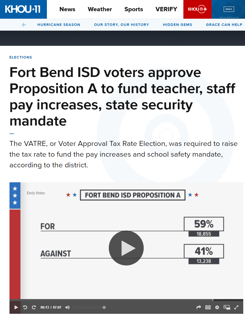 KHOU 11 story on FBISD voters approve Prop A to fund teacher, staff pay increases, state security mandate