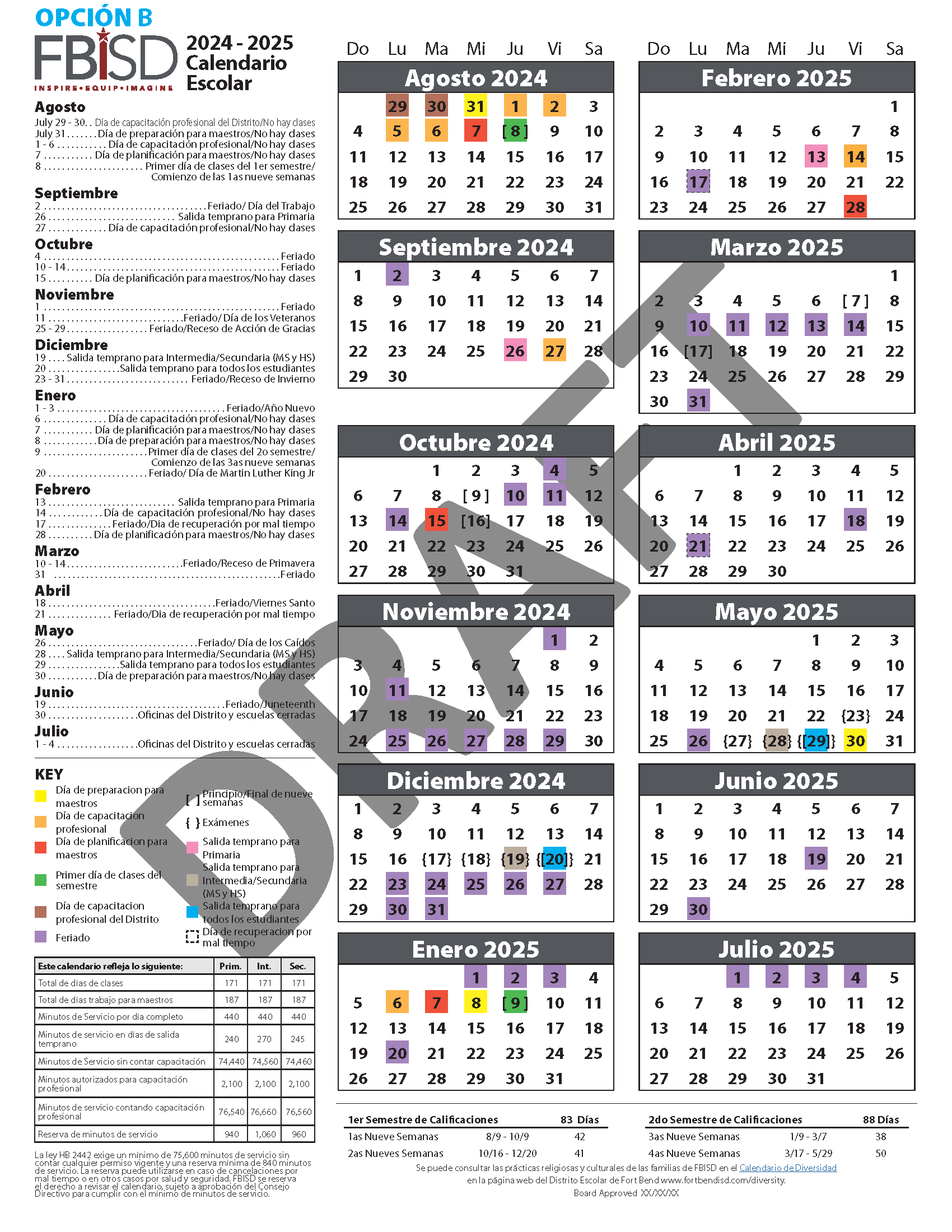 2024-2025 Instruction Calendar Option B in Spanish