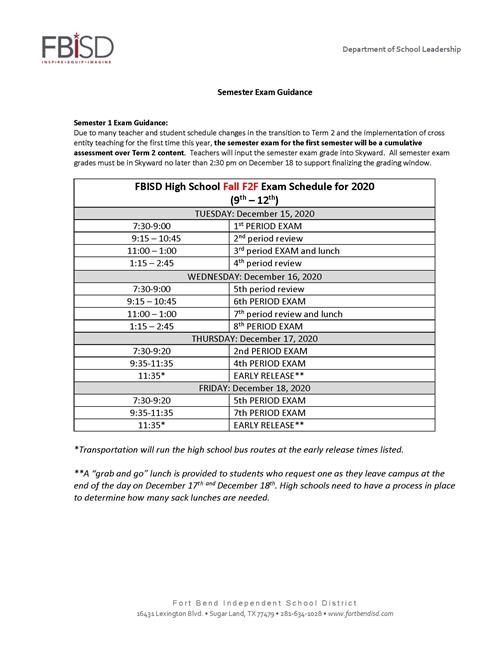 FALL SEMESTER EXAM SCHEDULE - Face to Face
