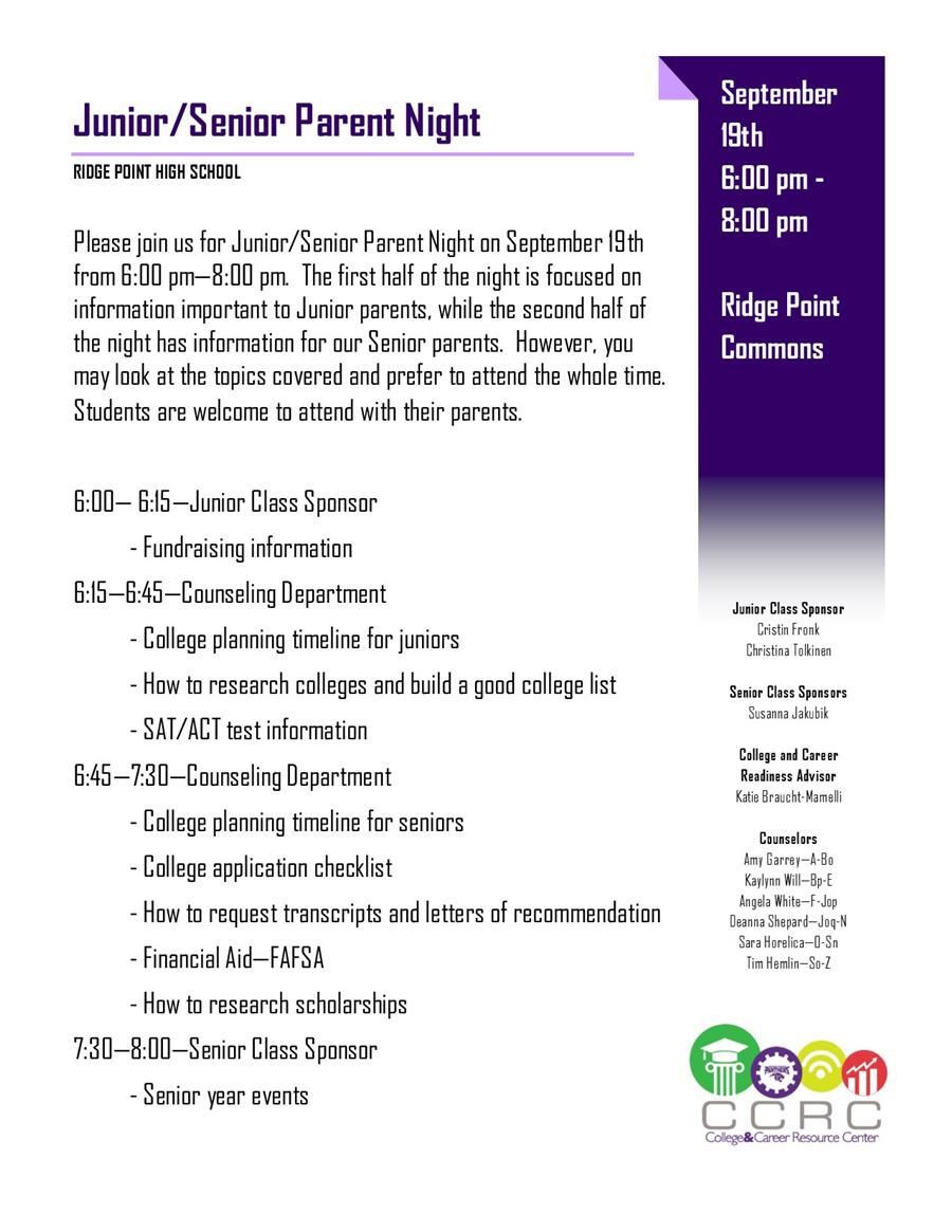 junior senior parent night september 19 6 00 8 00 senior parent night flyer