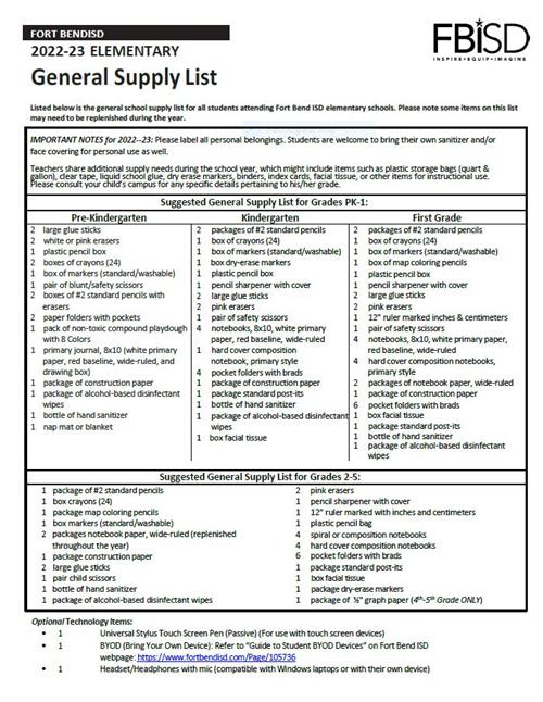 Fort Bend Isd Calendar 2023 2022 - 2023 School Supply Lists