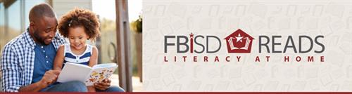 FBISD Reads Logo, Man and child reading a book 